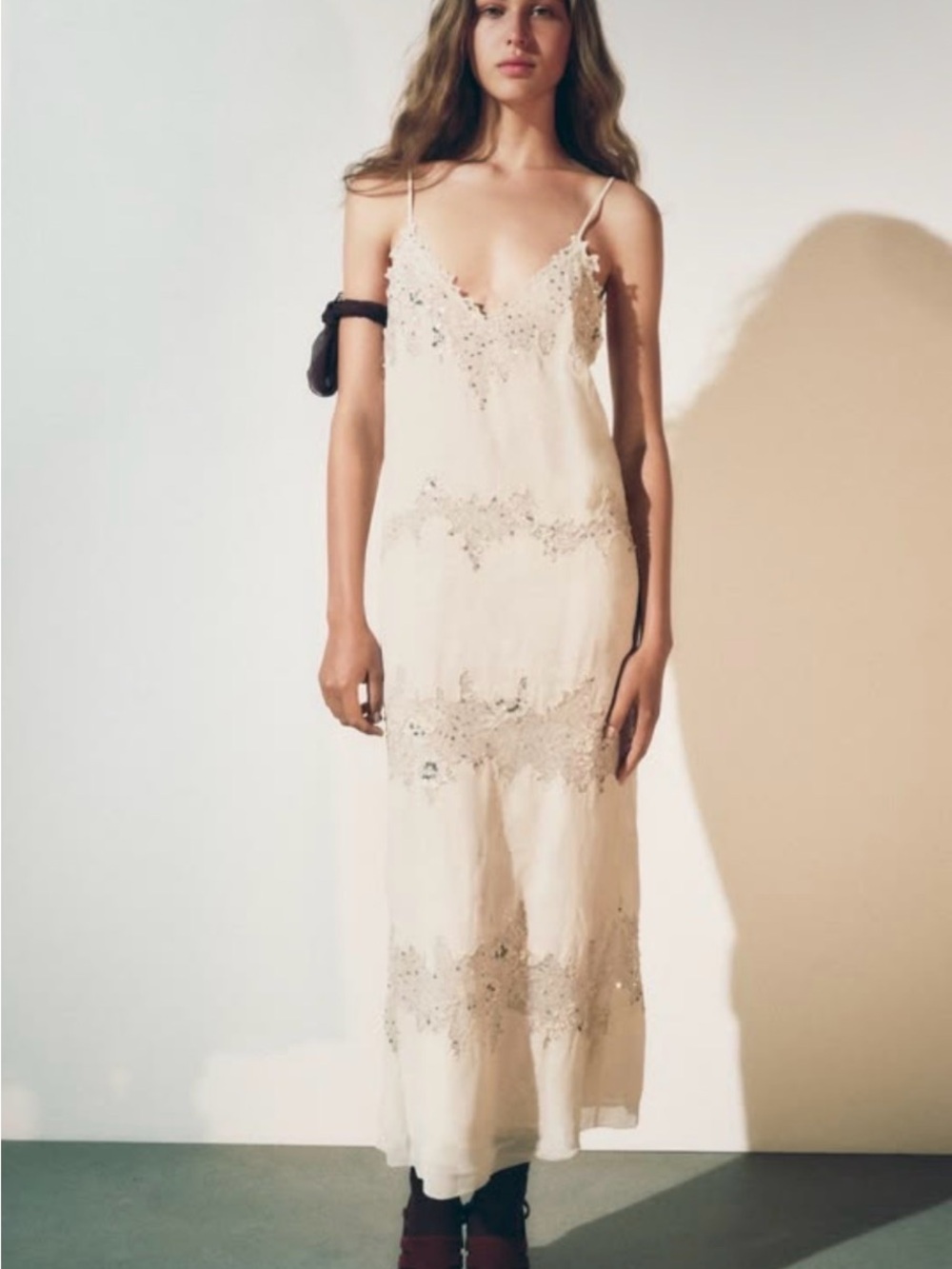 Zara Cream Lace-Trim Maxi Slip Dress
